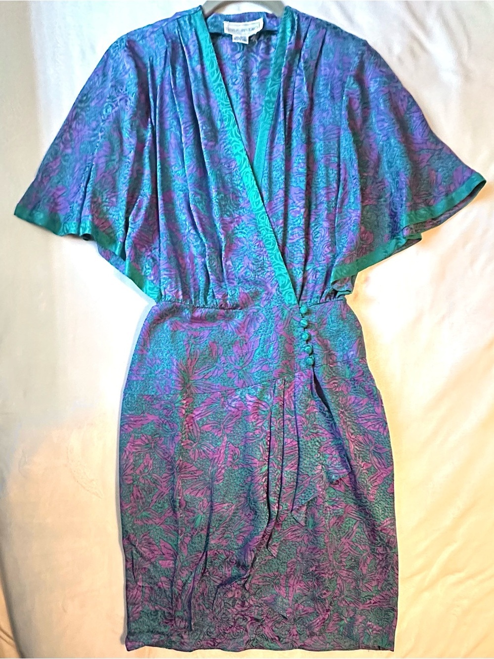 Vintage Silk Studio Teal & Purple 100% Silk Kimono Sleeve Wrap Midi Dress 6
